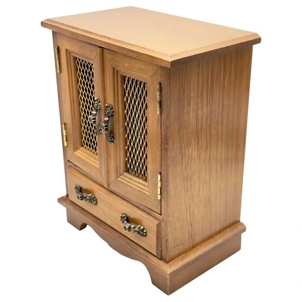 70s Wooden Music Jewelry Box Armoire Sankyo Japan WORKING Puff The Magic Dragon
